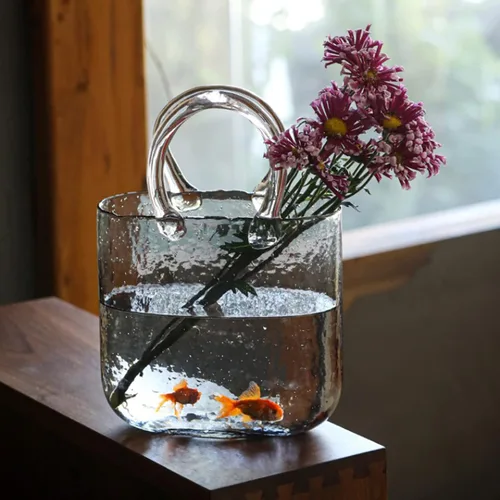 Vista 2 de Florero para flores, florero de cristal único, cuenco de pescado con burbujas y asas, florero transparente para centros de mesa, decoración
