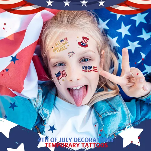 Vista 3 de Decoraciones del 4 de julio, tatuajes temporales de Estados Unidos Giltter, bandera de Estados Unidos, Let's get LIT All American Girl
