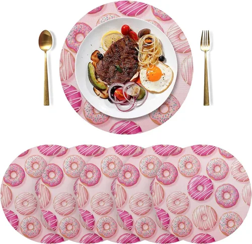 Vista 3 de Pink Donuts Round Placemat, Non Slip Heat Resistant Mats for Kitchen one sizex1