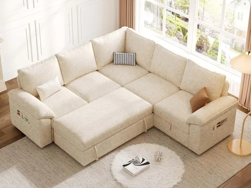 Vista 9 de Sofá Seccional Modular de 85 Pulgadas con Cama Extraíble, Sofá Cama Seccional en Forma de L de 5 Asientos con Almacenamiento, Sofás Seccionales