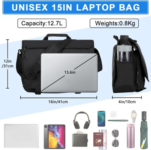 Vista 3 de VASCHY Bolsa de mensajero para hombre, resistente al agua, maletín para laptop, bolsa de trabajo, bolso cruzado para mujer, universidad, Negro