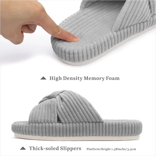 Vista 2 de Chantomoo Pantuflas para mujer, de espuma viscoelástica, para el dormitorio, con lazo de pana, con bandas cruzadas, cómodas, modernas, para regalo