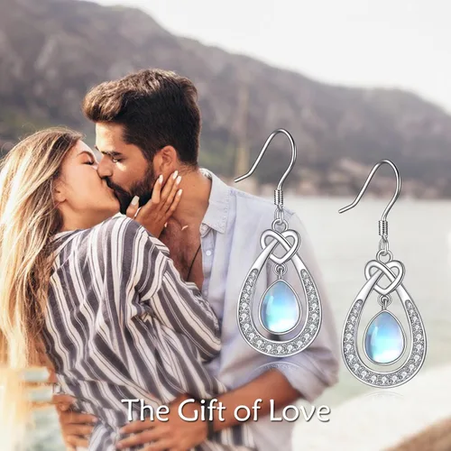 Vista 6 de Aretes de piedra lunar celta para mujer, plata de ley 925, nudo de trinidad, piedra lunar, aretes colgantes con cierre de palanca, regalo de joyería