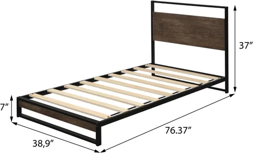 Vista 2 de Anwick Base de cama de tamaño individual con cabecera de madera/plataforma de metal alto/cama de plataforma individual para niños, con espacio