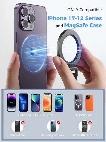 Vista 7 de SUPERONE para soporte de teléfono MagSafe con banda para dedo, soporte de anillo magnético removible con soporte lateral y asa para dedo, accesorios