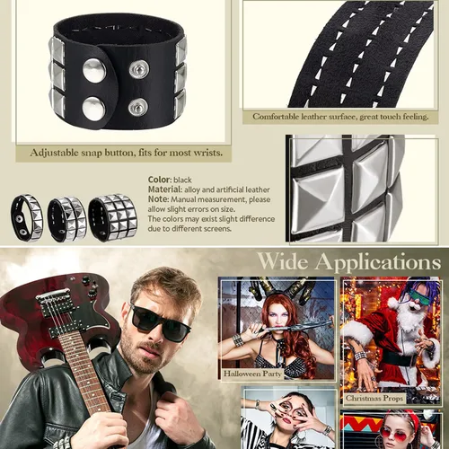 Vista 4 de eYLun Pulsera de cuero para hombres y mujeres, pulseras punk, pulsera ajustable de roca, 2 piezas