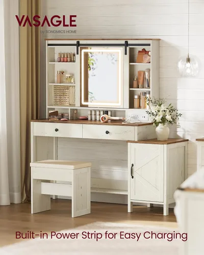 Vista 2 de VASAGLE Colección LIRY - Escritorio de tocador con espejo y luces, tocador de maquillaje de estilo granja con taburete, estación de carga, 2
