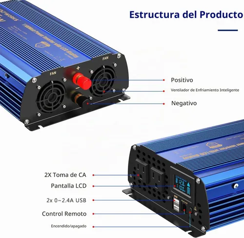Vista 5 de Inversor de potencia 1100 vatios 12V DC a 110V 120V AC, inversor de 1000 W con pantalla LCD, control remoto, 2 tomas de CA, puertos USB duales