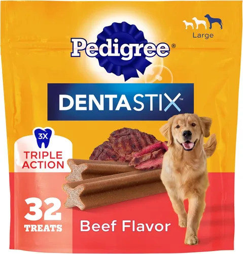 Vista 11 de Pedigree Dentastix - Golosinas para perros de raza grande, sabor a tocino, bolsa de 1.67 libras (32 golosinas) Triple action dental care, reduces