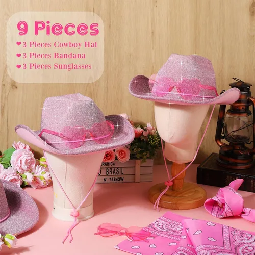 Vista 2 de Geyoga 9 piezas de sombrero de vaquero para adulto con bandana de vaquero y gafas para disfraz del oeste, accesorio para hombres y mujeres