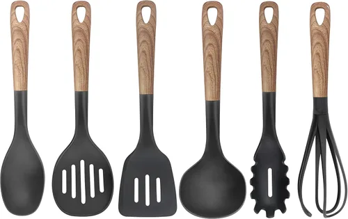 Vista 2 de Utensilios de cocina antiadherente de 13 pulgadas con mango de madera, diseño único, resistente al calor, pinzas giratorias, espátula, cuchara