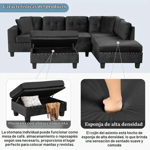 Vista 5 de P PURLOVE Sofá seccional con diván reversible y 2 almohadas (negro)
