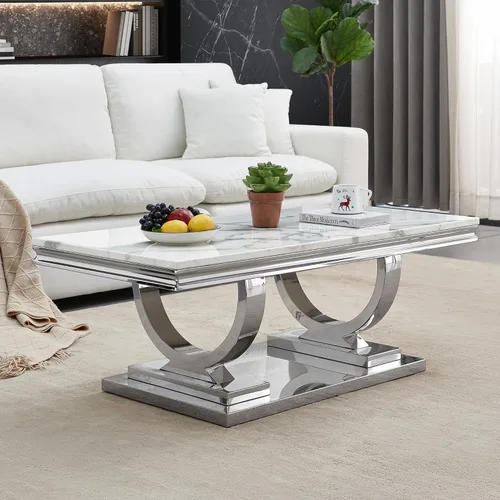 Vista 51 de SSLine Mesa de Centro Rectangular de Mármol Sintético para Sala de Estar, Mesa Central Moderna de Mármol Blanco de Lujo con Base Doble en Forma de U