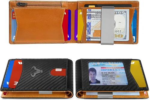 Vista 4 de Cartera Bulliant fina para hombre, cartera de piel para hombre con bolsillo delantero para tarjetas, 7 x 10 x 27 cm (3" x 4.3"), 11 tarjetas+clip