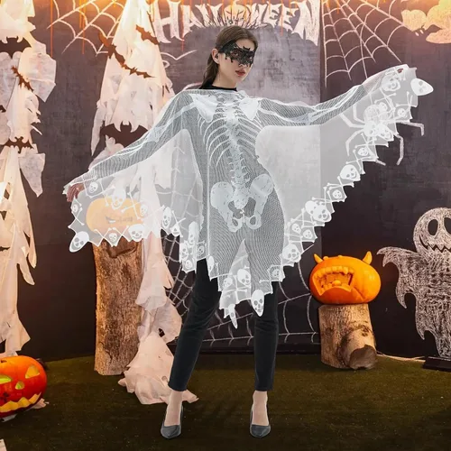 Vista 3 de Kinhowly Disfraz de Halloween para mujer, poncho de capa de esqueleto de Halloween para mujer, incluye máscara de Halloween