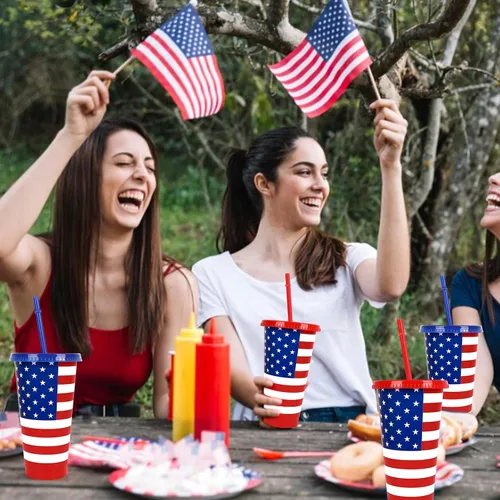 Vista 6 de JarThenaAMCS 12 piezas de vasos de plástico patrióticos con tapa con pajita 4 de julio, vaso para bebidas frías con bandera americana roja, azul