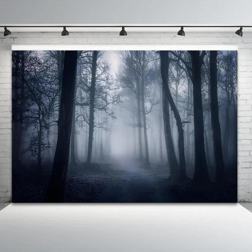 Vista 12 de Misty Forest Backdrop Halloween Eve Dark Blue Fog Fall Autumn Maple Leaves Woods Background for Thanksgiving Party Photography Studio Photo Booth