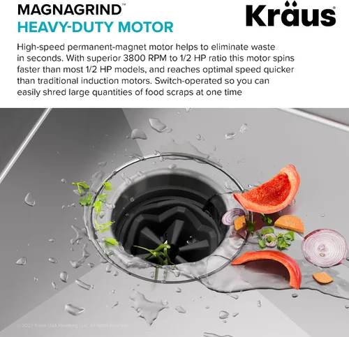 Vista 5 de KRAUS® WasteGuard™ - Triturador de basura de alimentación continua de 1/2 HP con motor ultrasilencioso de alta velocidad, cable de alimentación