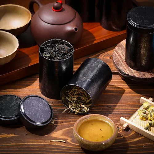 Vista 4 de meekoo 18 latas de té para té suelto de 6 onzas herméticas a granel con tapas, tarros de té de metal, pequeños recipientes redondos de Negro