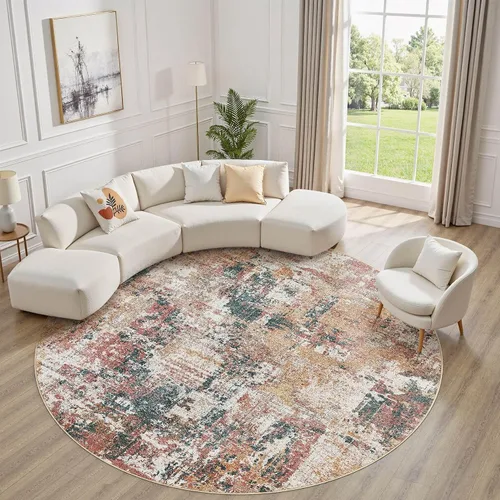 Vista 40 de Tortania Alfombra redonda lavable de 5 pies para sala de estar: Alfombra moderna abstracta neutra grande suave y delgada – Alfombra antideslizante