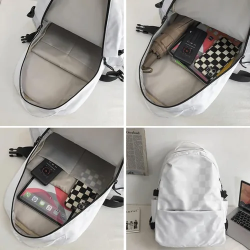 Vista 4 de Verdancy Mochila Kawaii para adolescentes, niñas, niños, escuela, universidad, viajes, estética, a cuadros, mochila escolar, bolsa casual, Negro