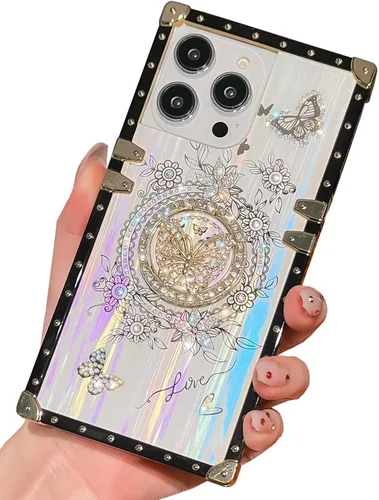 Vista 77 de Funda Rectangular de Lujo Femenina Compatible con iPhone 16 Pro Max Diseñada con Soporte de Anillo de Diamante con Función de Atril