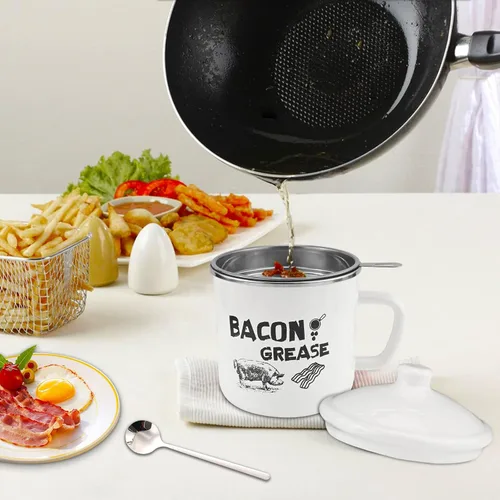 Vista 4 de Recipiente de grasa de tocino de 1.5 L con colador, recipiente grande de 46 onzas de esmalte rústico con tapa y cuchara, protector de grasa