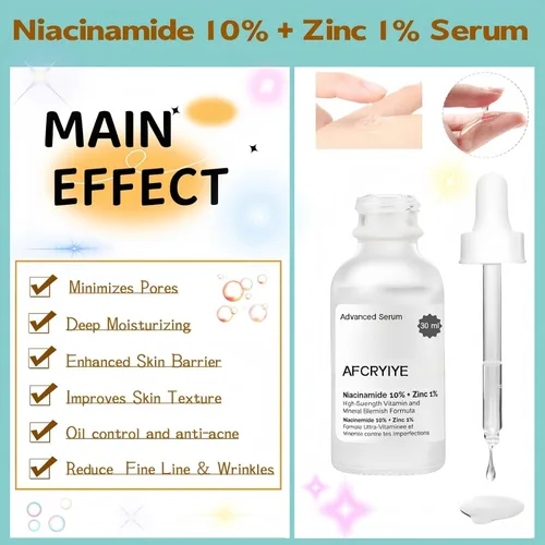 Vista 4 de Suero de niacinamida 10% + zinc 1% para la cara – Control de aceite, acné, minimizador de poros y reducción de manchas – Suero facial ligero