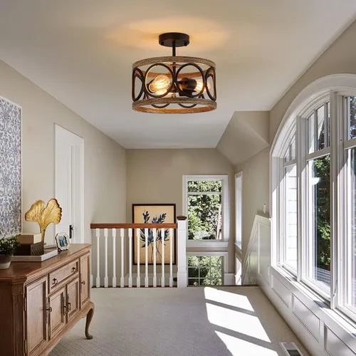 Vista 3 de MEIXISUE Lámparas de Techo de Montaje Semi-empotrado Estilo Granja Moderna, 3 Luces Acabado Negro y Madera Retro, Pantalla de Tambor Lámparas