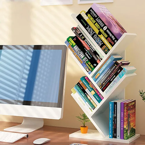 Vista 10 de Estantería de árbol de 4 niveles, estantería de pie para libros que ahorra espacio, estante organizador de almacenamiento de revistas, estante