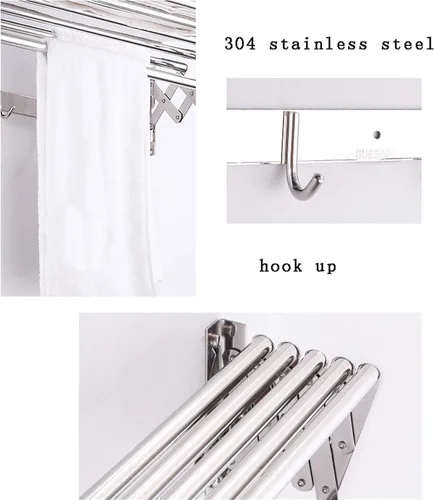 Vista 3 de Estante de secado de ropa plegable para ropa para colgar en la pared, ahorrador de espacio, de acero inoxidable, ajustable, para interiores