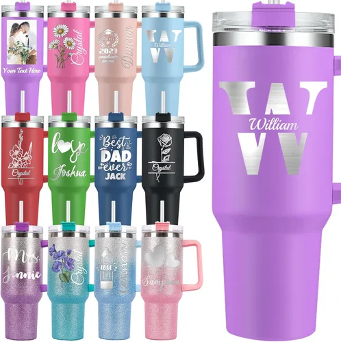 Vista 11 de Vaso personalizado con asa personalizado de 40 onzas grabado con nombre de flor de nacimiento con tapa y pajita, taza de café de viaje de acero