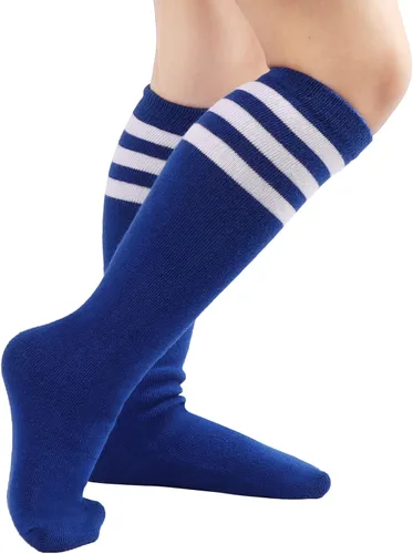Vista 2 de BQUBO - Calcetines de fútbol para niños pequeños, calcetines de algodón a rayas hasta la rodilla, calcetines de tubo largo para niños y niñas de 3 a