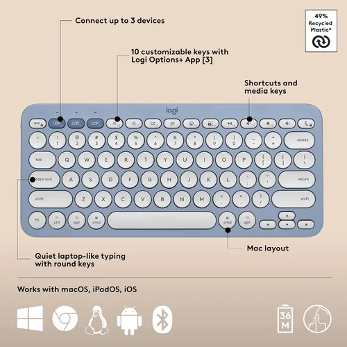 Vista 6 de Logitech Pebble 2 Combo para Mac, Teclado y Mouse Inalámbricos, Delgado, Silencioso y Portátil, Personalizable, Mouse y Teclado Bluetooth