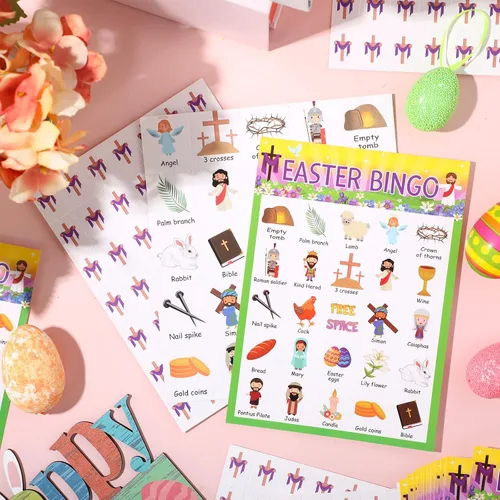 Vista 7 de Lewtemi Juego de bingo de Pascua, tarjetas de bingo religiosas con 24 jugadores, juegos para adultos y familia, adolescentes, suministros escolares