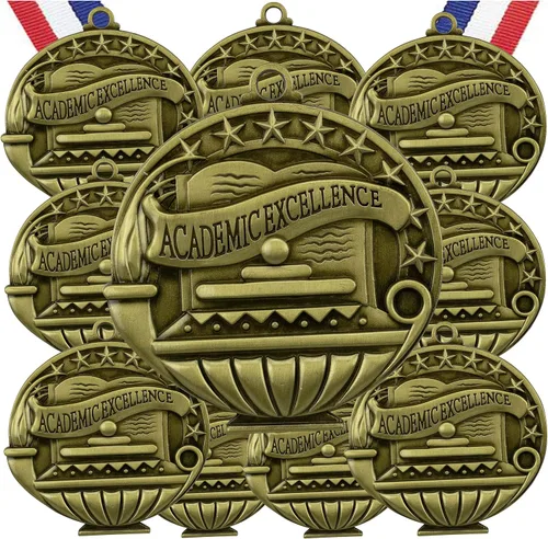 Vista 3 de Express Medals Pack of 10 (or More) Engraved Scholastic Honor Roll Award Medals with RWB Neck Ribbons