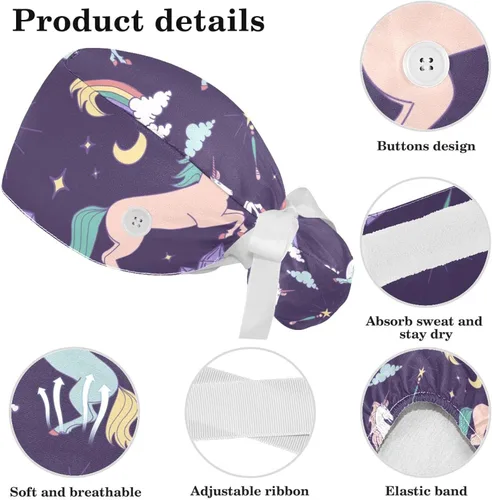 Vista 4 de Myth Unicorns Rainbow Cloud Magic Adjustable Women Scrub Cap with Buttons Bow Hair Scrunchy Sweatband