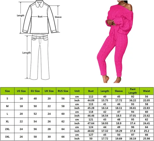 Vista 4 de Conjunto de pantalones largos de punto de 2 piezas para mujer, conjunto de suéter de punto torcido de un hombro, traje de suéter de color liso