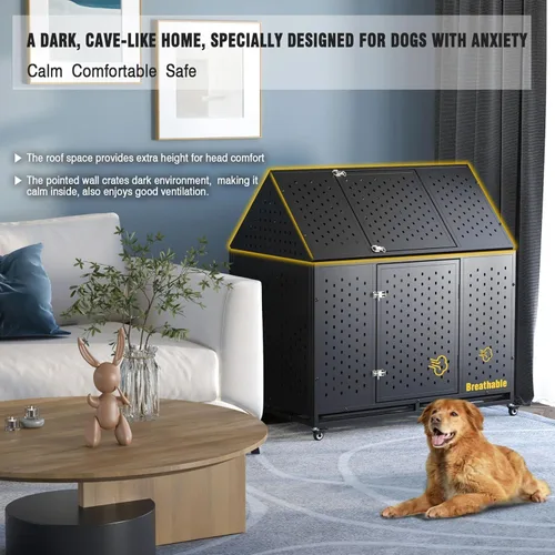 Vista 5 de Jaulas resistentes de 44 pulgadas para perros grandes, jaula indestructible a prueba de escapes con ruedas bloqueables, doble puerta de alta