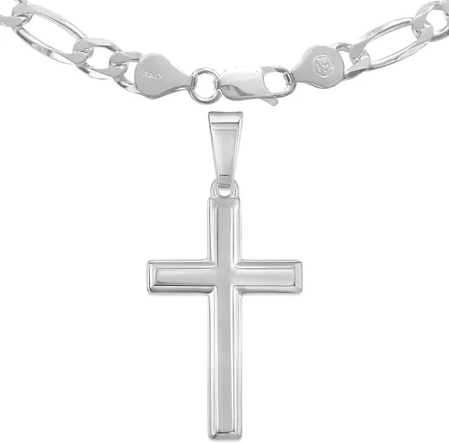 Vista 4 de Collar de plata de ley con colgante de cruz tradicional de 5mm para hombre. Cadena estilo Italiano Figaro