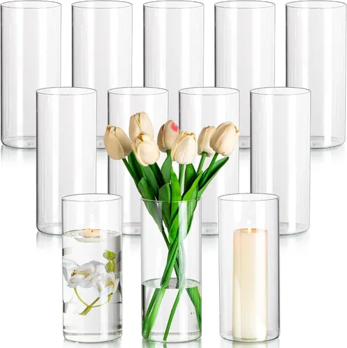 Vista 10 de Glasseam Jarrones Cilíndricos para Centros de Mesa, Juego de 6 Jarrones de Vidrio Transparente para Flores, Jarrón Moderno Pequeño para Velas