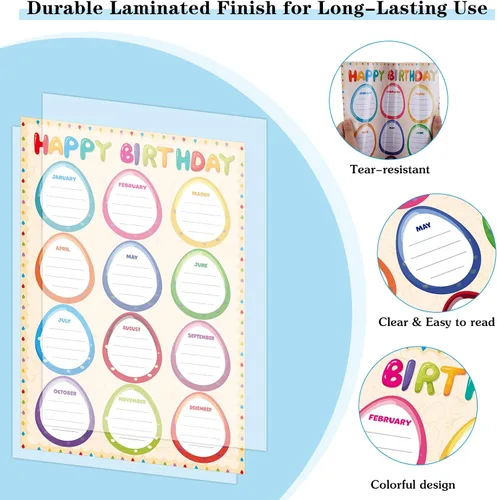 Vista 6 de WhatSign Tabla de feliz cumpleaños – Calendario de aula laminado reutilizable para decoración de tablones de anuncios