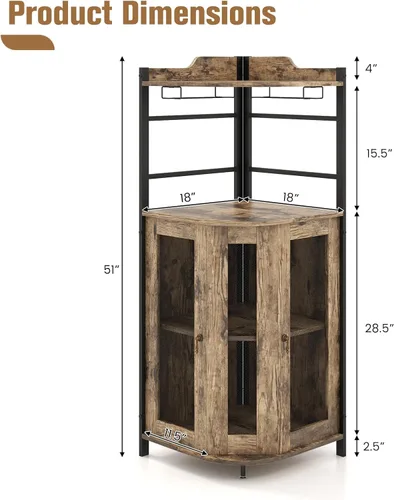 Vista 3 de LOKO Armario esquinero para bar de vinos, gabinete industrial para vinos con puertas de malla metálica y estante ajustable, gabinete de licor