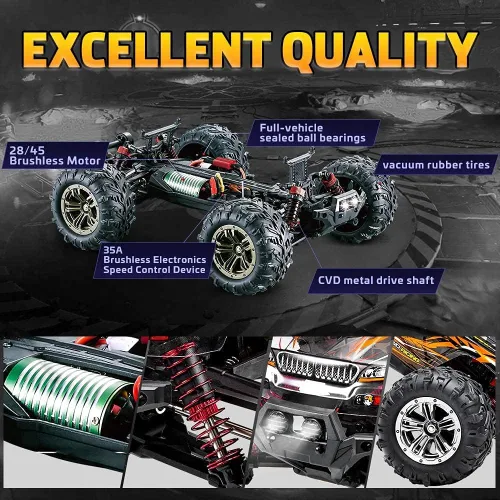 Vista 2 de FMT - Autos RC de alta velocidad sin escobillas de 32.3 mi/h 1:16 Control remoto Monster Truck 4WD todo terreno todoterreno 2.4Ghz a prueba