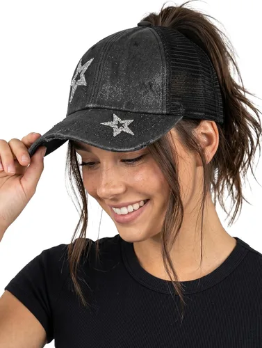 Vista 133 de Funky Junque - Sombrero de cola de caballo para mujer, gorra de béisbol con ajuste ajustable y cola de caballo alta cruzada para uso diario Paquete