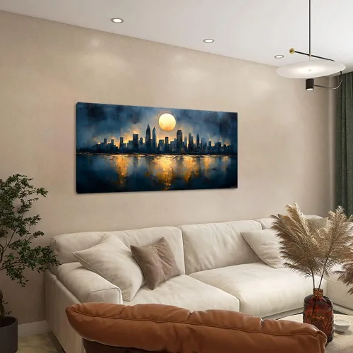 Vista 4 de GAFSING Lienzo decorativo para pared, diseño de luna dorada, paisaje urbano, impresiones en lienzo abstracto, pintura artística, imagen, decoración