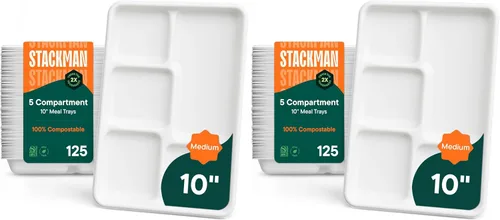 Vista 11 de Bandeja desechable 100% compostable, grande de 5 compartimentos [paquete de 125] – [12.5 pulgadas] Bandejas de almuerzo seccionales de bagazo
