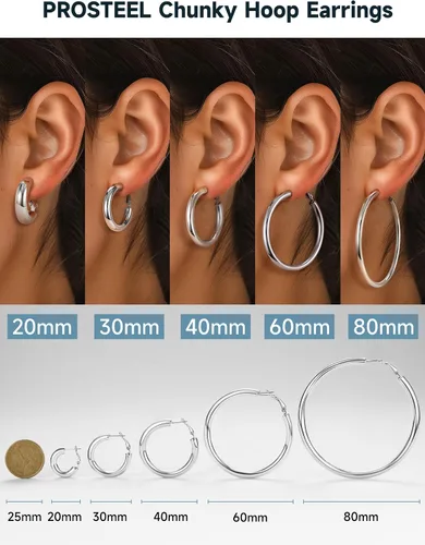 Vista 4 de Aretes de aro gruesos de acero inoxidable para mujer, minimalistas y elegantes, chapados en negrooro, aretes redondos hipoalergénicos, tamaño 1.181