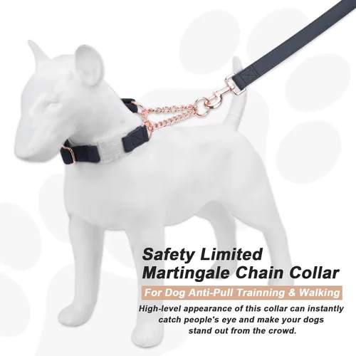 Vista 2 de Collar Martingala de cuero suave para perros, cadena de oro rosa limitada con hebilla de liberación rápida, elegante collar de entrenamiento