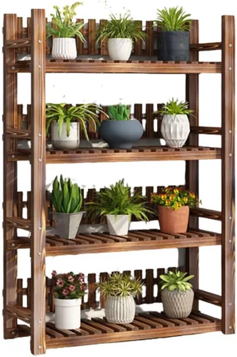 Vista 9 de Soporte de madera para plantas de 4 niveles, fácil de montar, estante de madera multifuncional para plantas, soporte de madera para múltiples